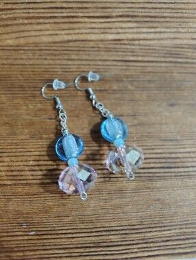 Handmade Blue and Iridescent Pink Bead Drop Earrings,  Handmade Earrings
